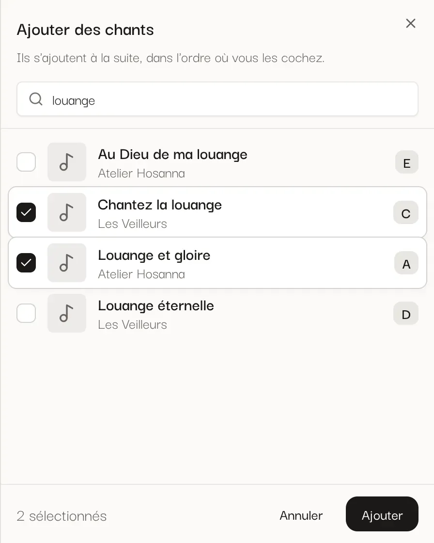 La fenêtre « Ajouter des chants » avec la recherche et des chants cochés.