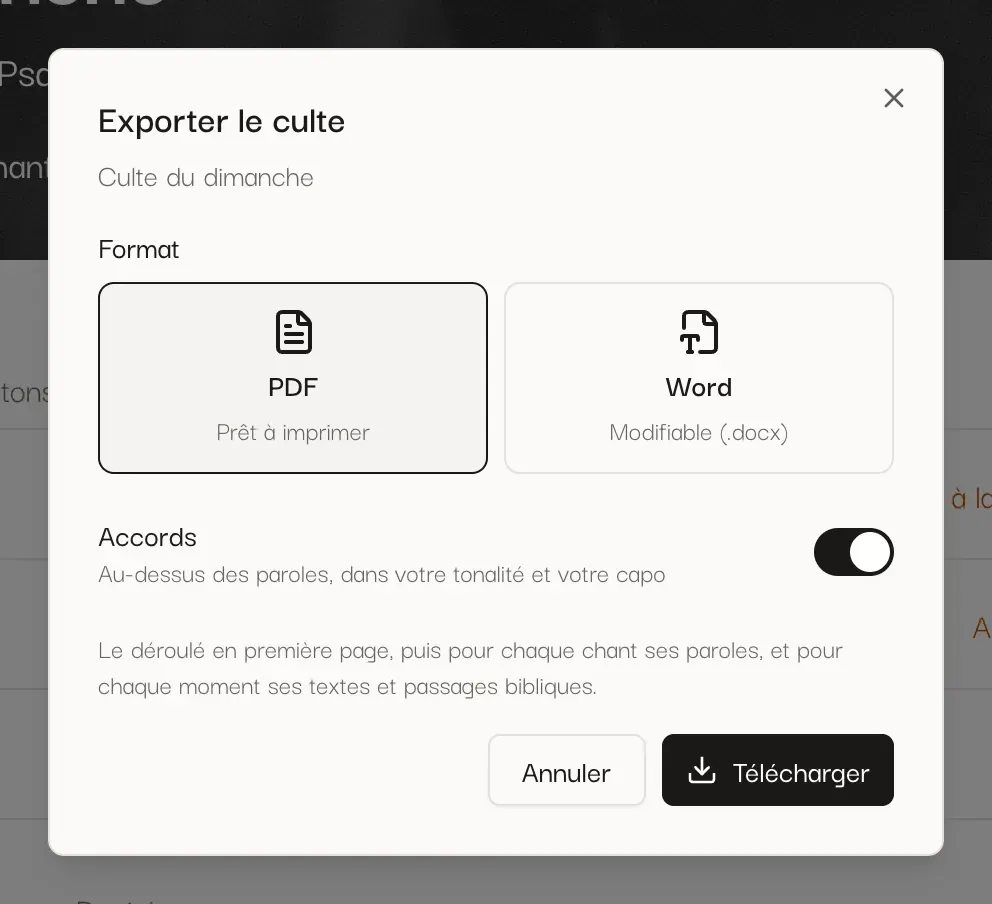 La fenêtre « Exporter le culte » : PDF ou Word, avec ou sans accords.