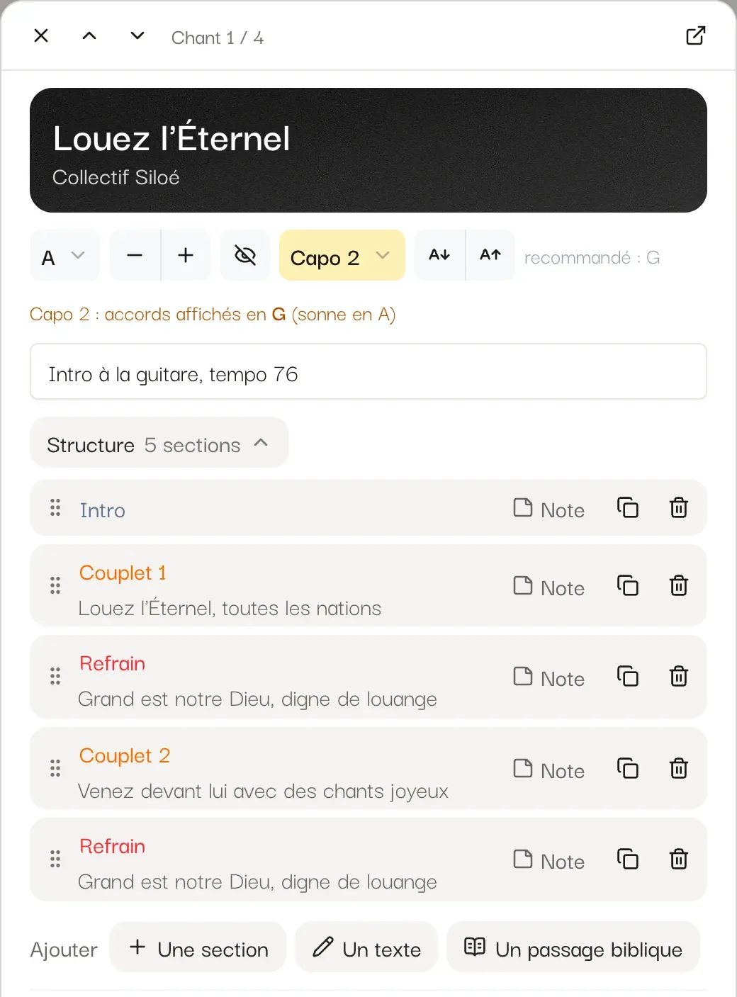 La fiche d'un chant dans la setlist : tonalité, capo, note et structure.