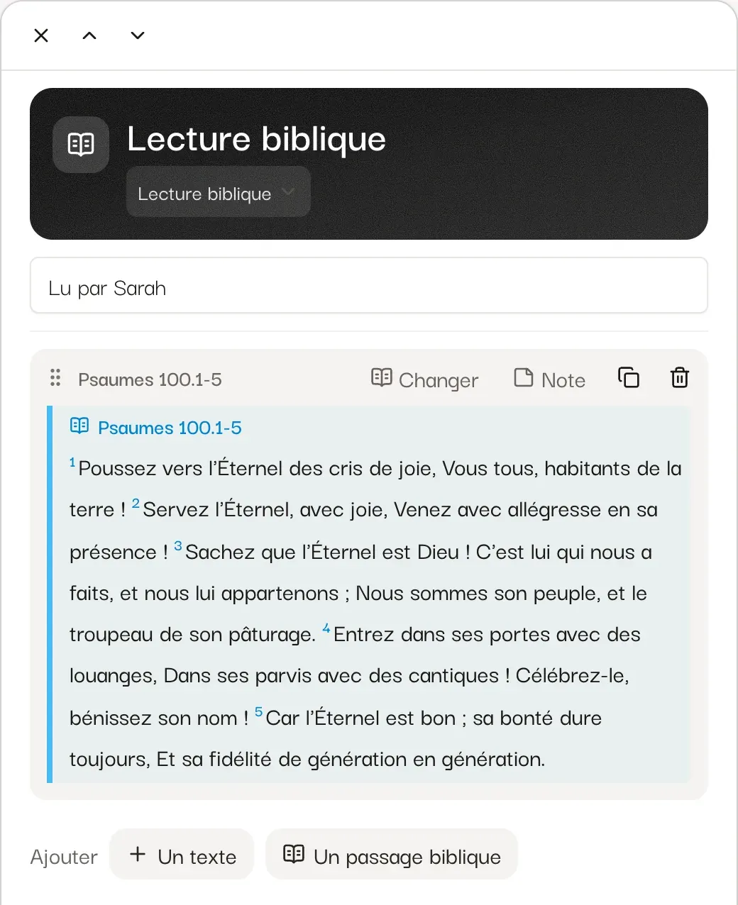 La fiche d'un moment : son titre, ses textes, un passage biblique et une note.