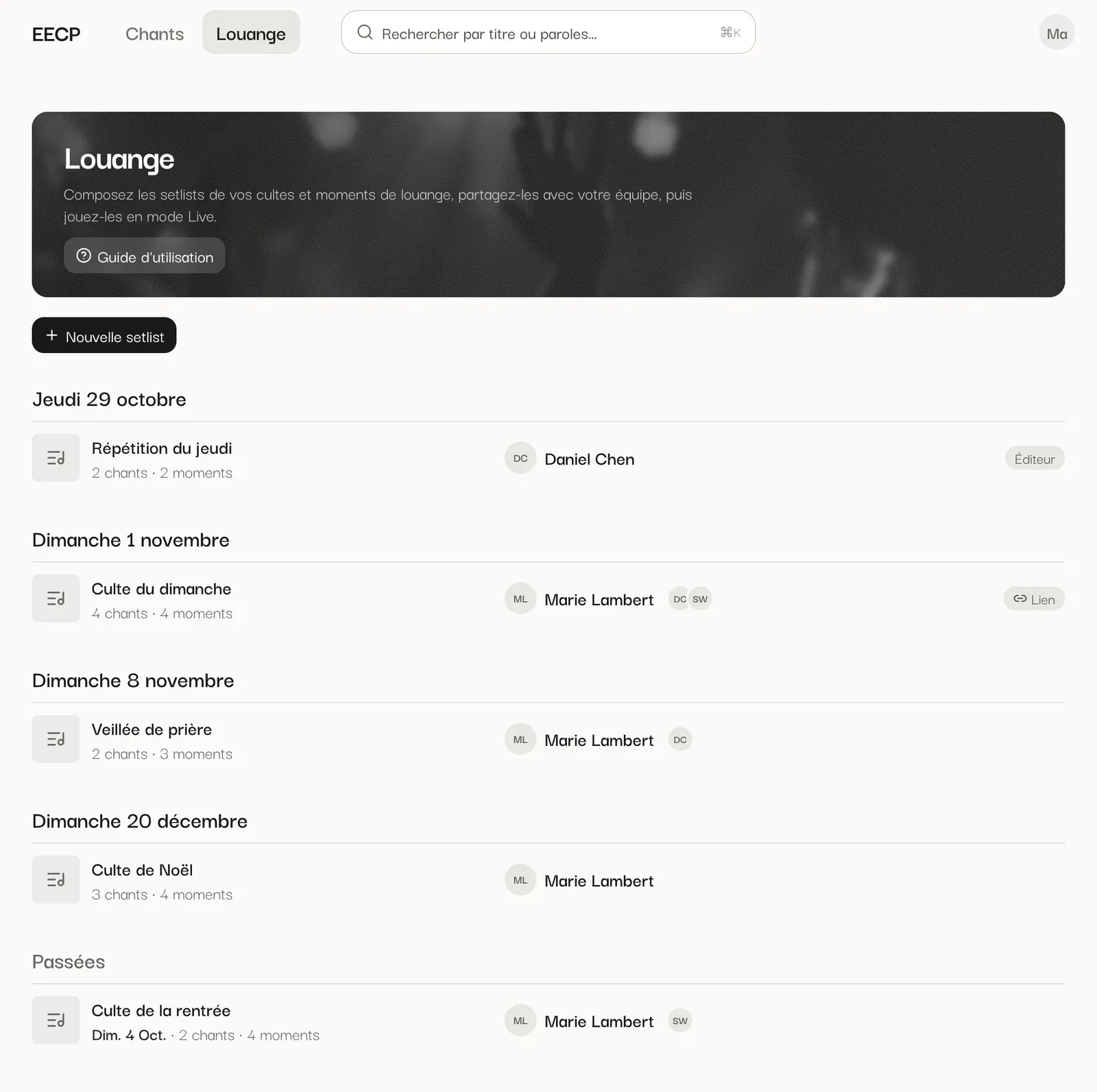 La page Louange : les setlists classées par jour de culte.