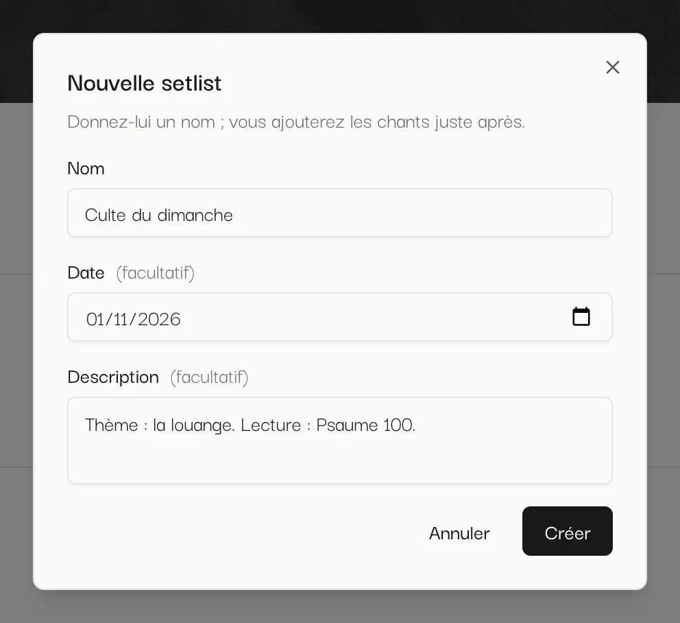 La fenêtre « Nouvelle setlist » avec un nom, une date et une description.