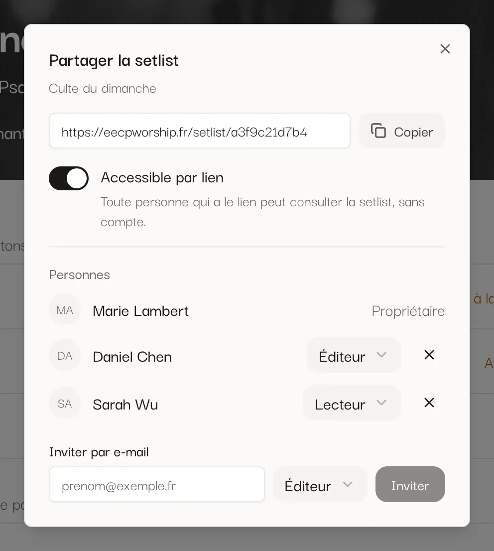 La fenêtre « Partager la setlist » : lien, accès par lien et personnes invitées.