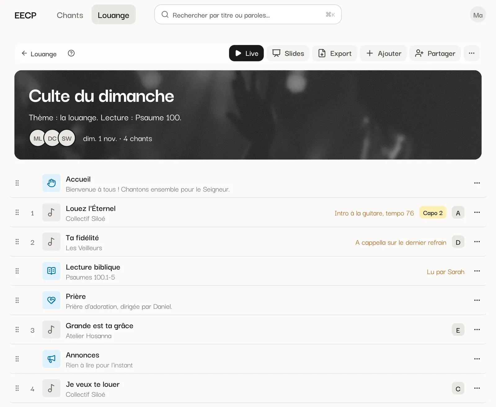 Une setlist : la barre d'actions, le bandeau et le déroulé du culte.